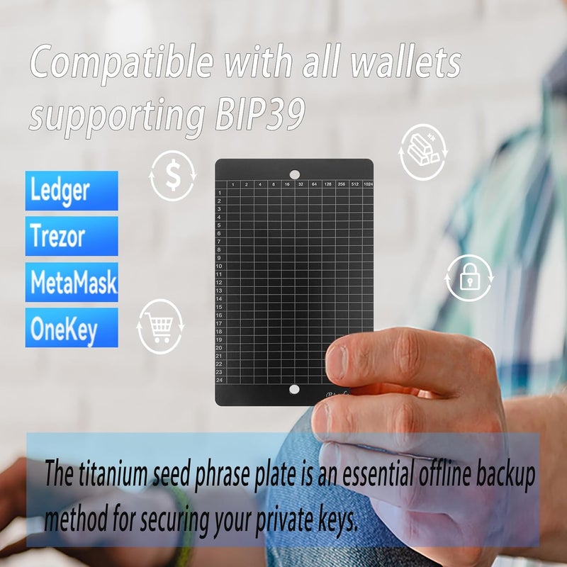 Btcdove Seed Phrase Storage Plate – Pure Titanium Crypto Backup with Dual-Lock Screws, BIP39 Binary Punch Layout, Tamper-Evident Seals, Transparent Fire Recovery Card & Offline Word Index Booklet - Image 2
